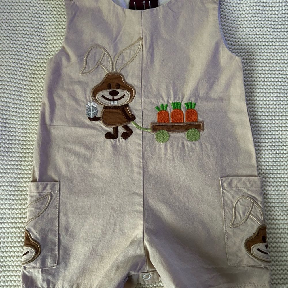 Kids Tan Overalls with Bunny Design Easter
